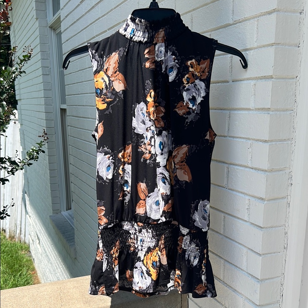 White House Black Market Floral Sleeveless Top - Black and Brown